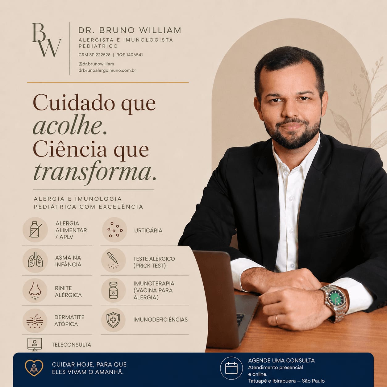 Serviços do Dr. Bruno William: alergia alimentar, asma, rinite, dermatite atópica, urticária, teste alérgico, imunoterapia, imunodeficiências e teleconsulta