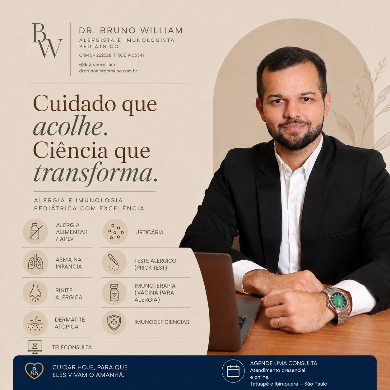 Serviços do Dr. Bruno William: alergia alimentar, asma, rinite, dermatite atópica, urticária, teste alérgico, imunoterapia, imunodeficiências e teleconsulta
